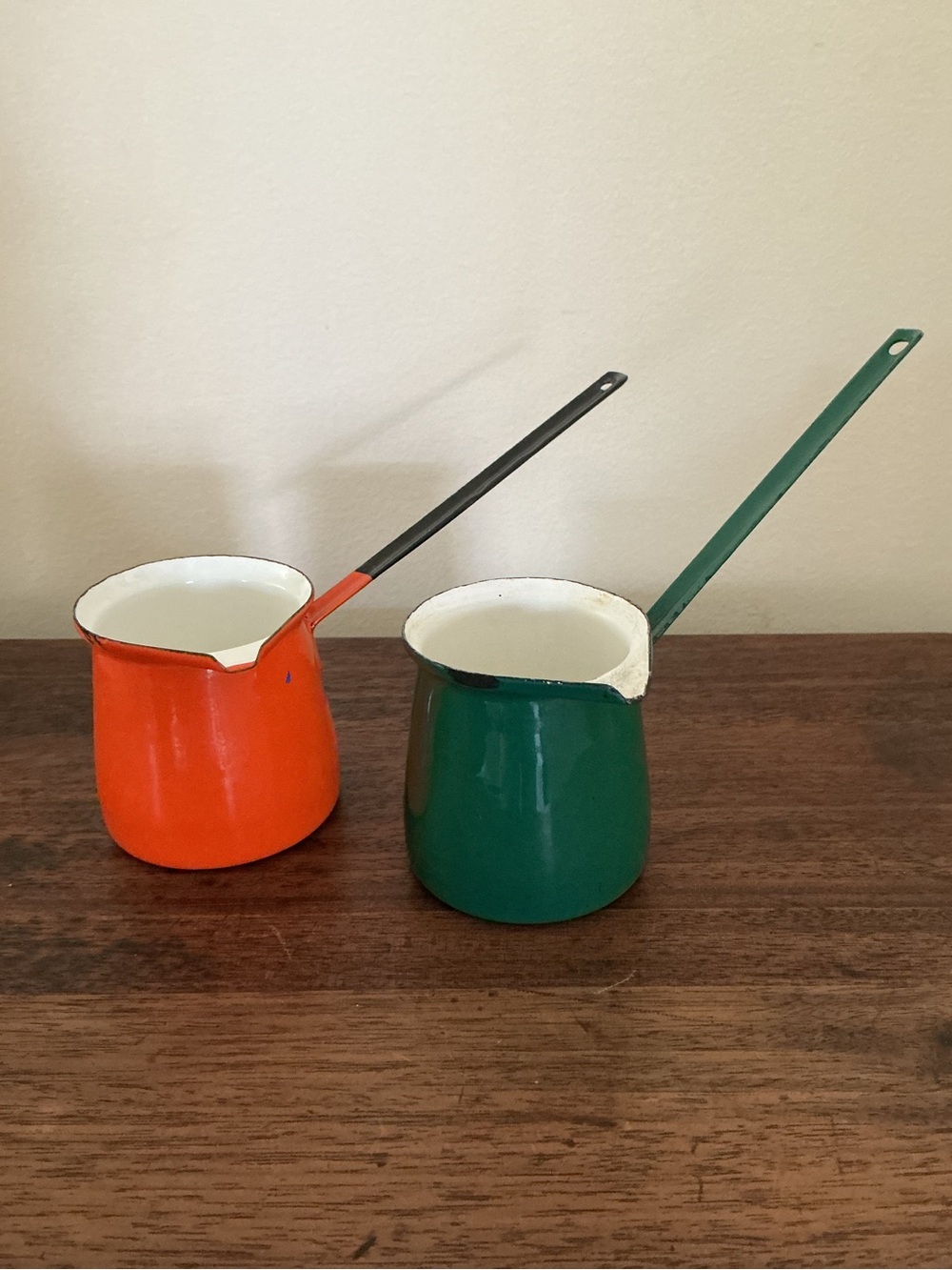 MCM Yugoslavia Enamelware Handled Butter Warmer Set of 2